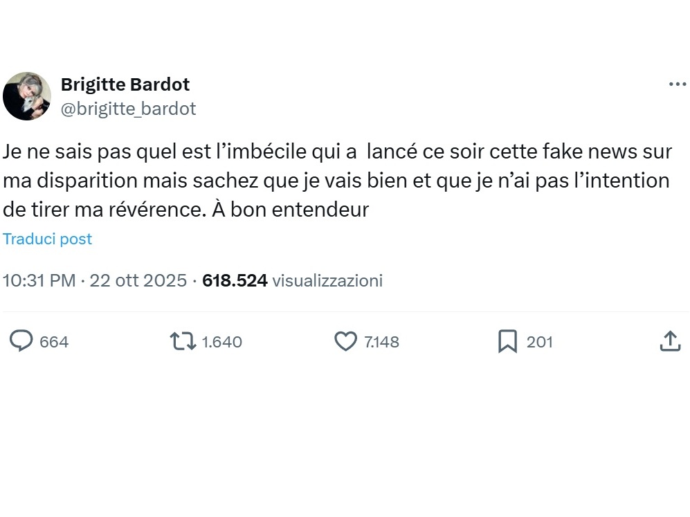 Blogger annuncia morte Brigitte Bardot, lei risponde “Imbecille”